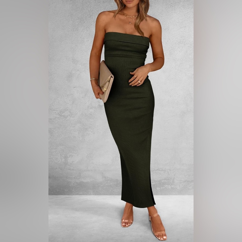 NWT Elegant Strapless Olive Green Dress body con